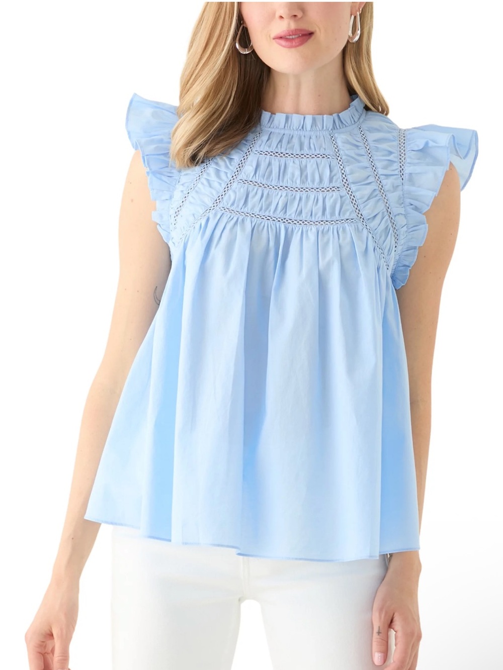 crown & ivy Light Blue Ruffle Sleeve Smocked Yoke Blouse